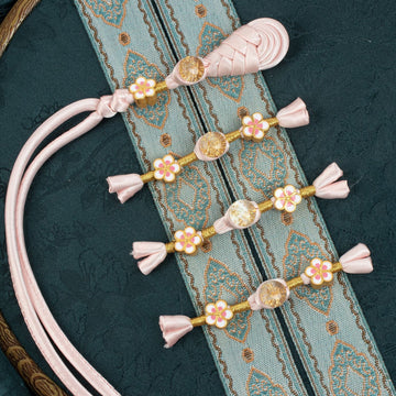 Light pink braided frog buttons with gold round beads and flower accents, 6pcs set
