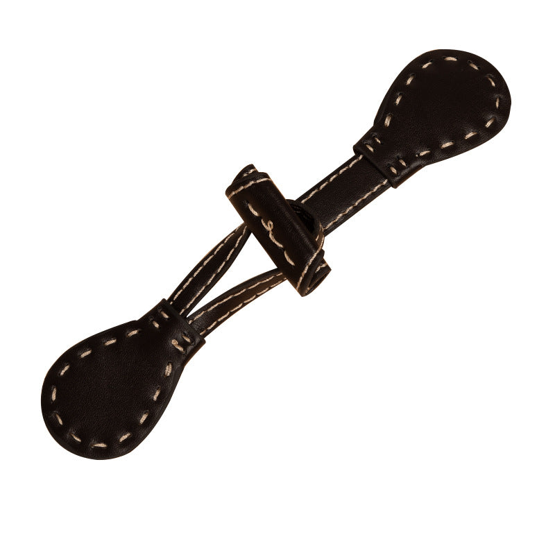 Ledertoggle zum Annähen, schwarz, ovaler Knopf mit Ösen, Riemen mit Ziernaht