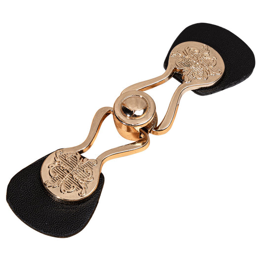 Black leather sew-on toggle button set with gold-tone metal buckle, 6 pcs