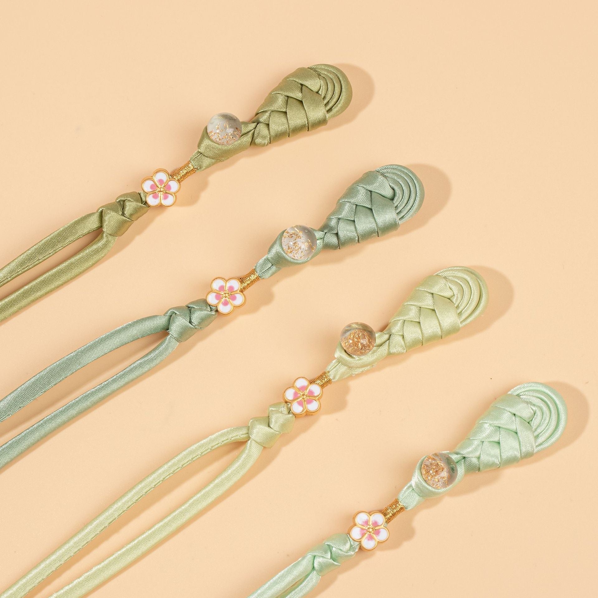 Mint green braided frog buttons with gold round beads and pink flower charms, 6pcs