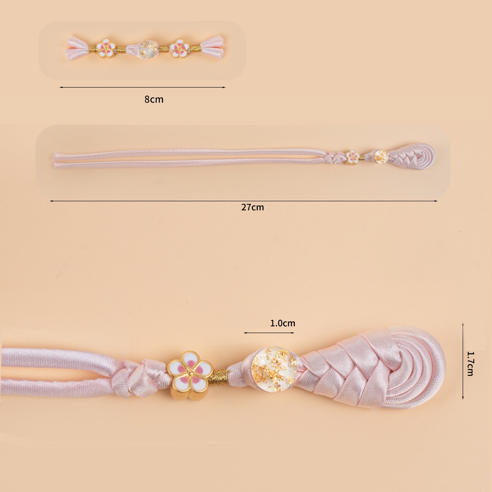 Light pink braided frog button set size 8cm and 27cm shown with end caps