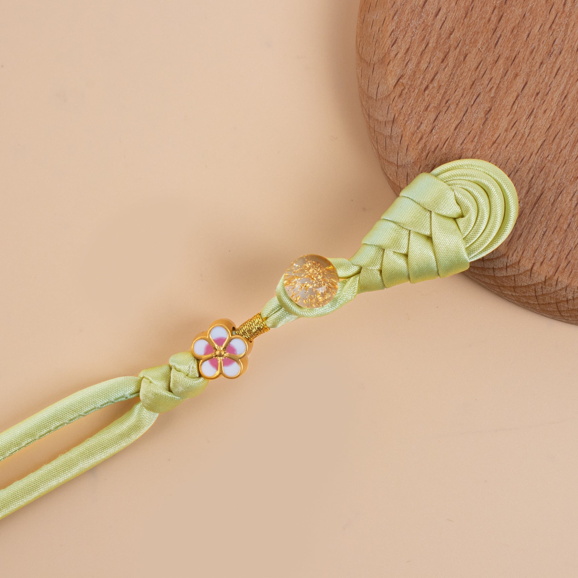 Light green braided frog button set, round glitter discs and enamel flower clasp