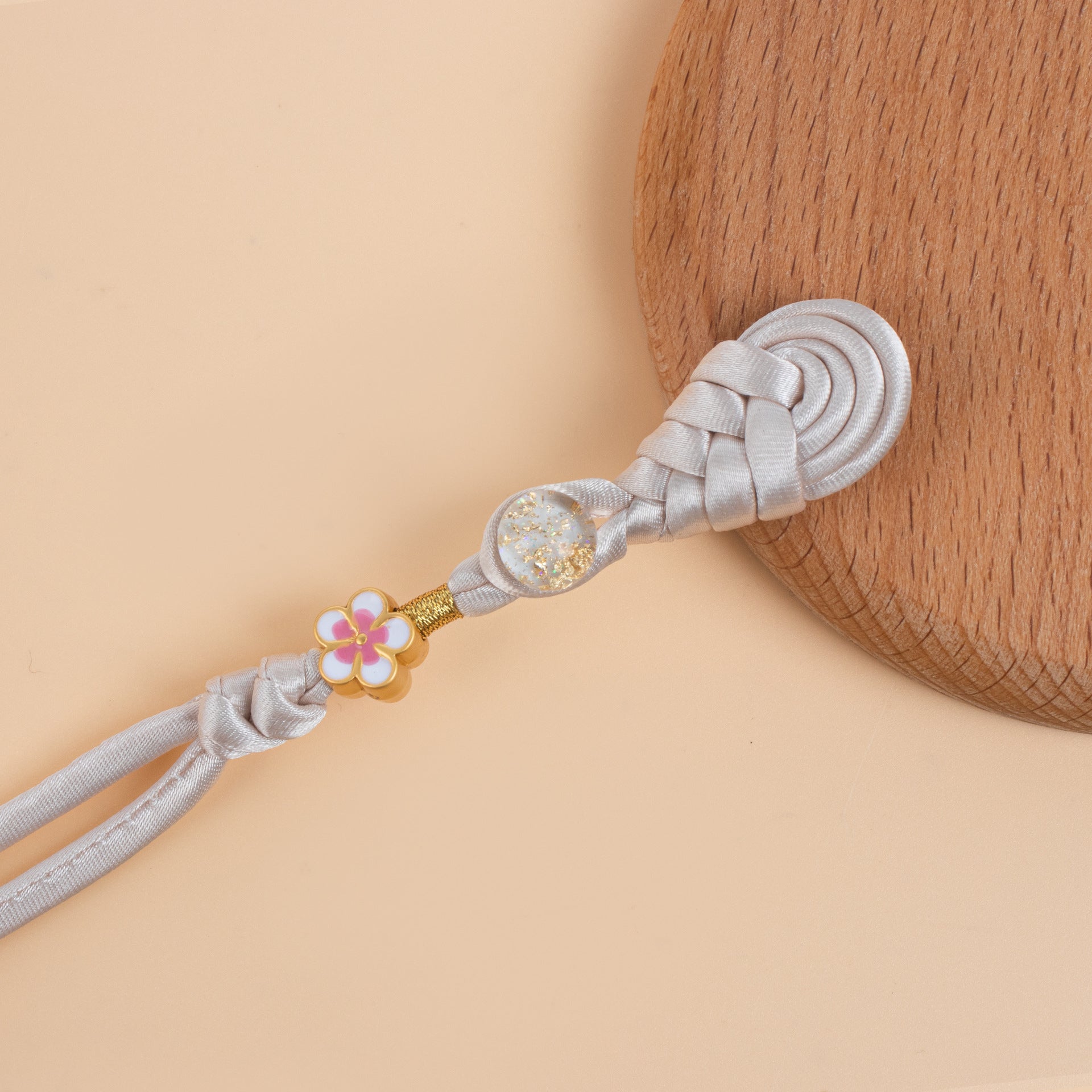 Light gray/white braided frog button set, round glitter discs and flower clasp