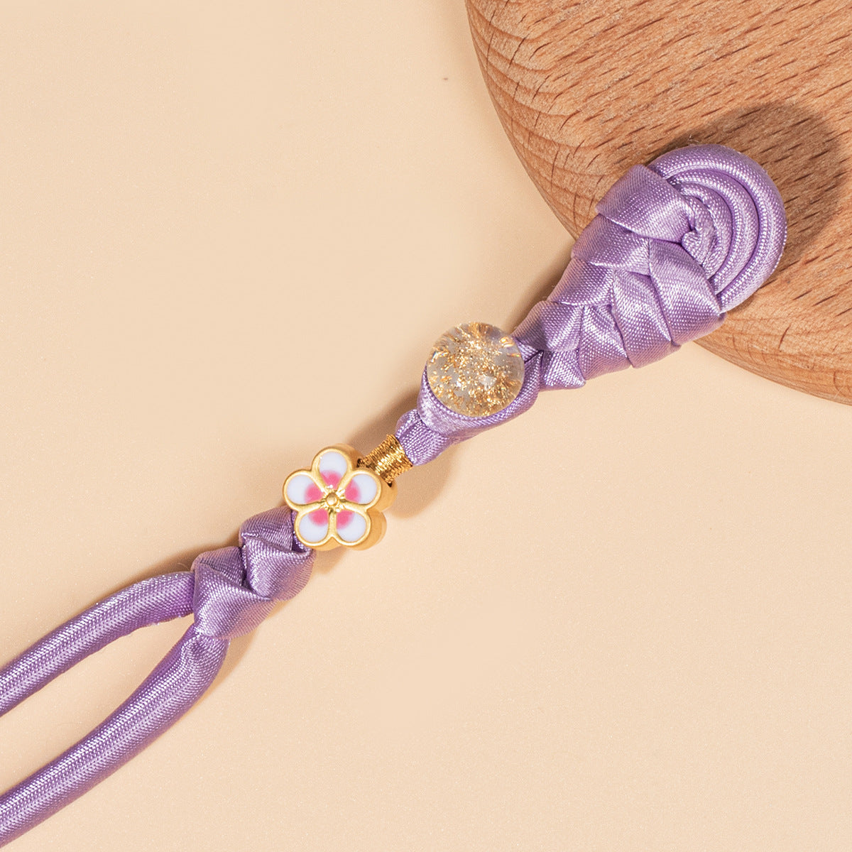 Light purple braided frog button set, round glitter discs and pink flower clasp