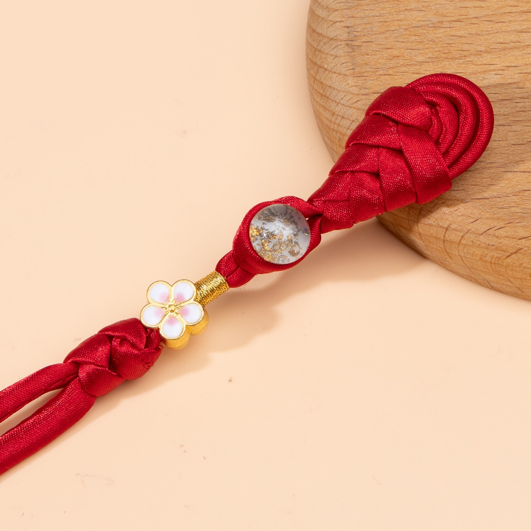 Red braided frog button set, round glitter discs and gold-tone flower clasp
