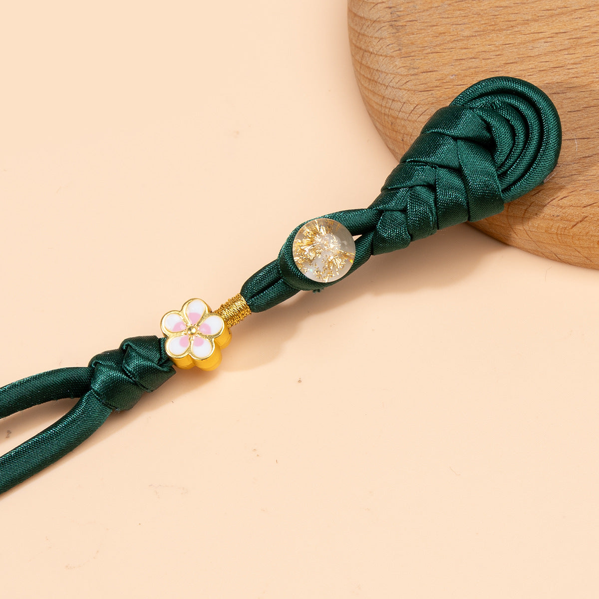 Deep green braided frog button set, round glitter discs and pastel flower clasp