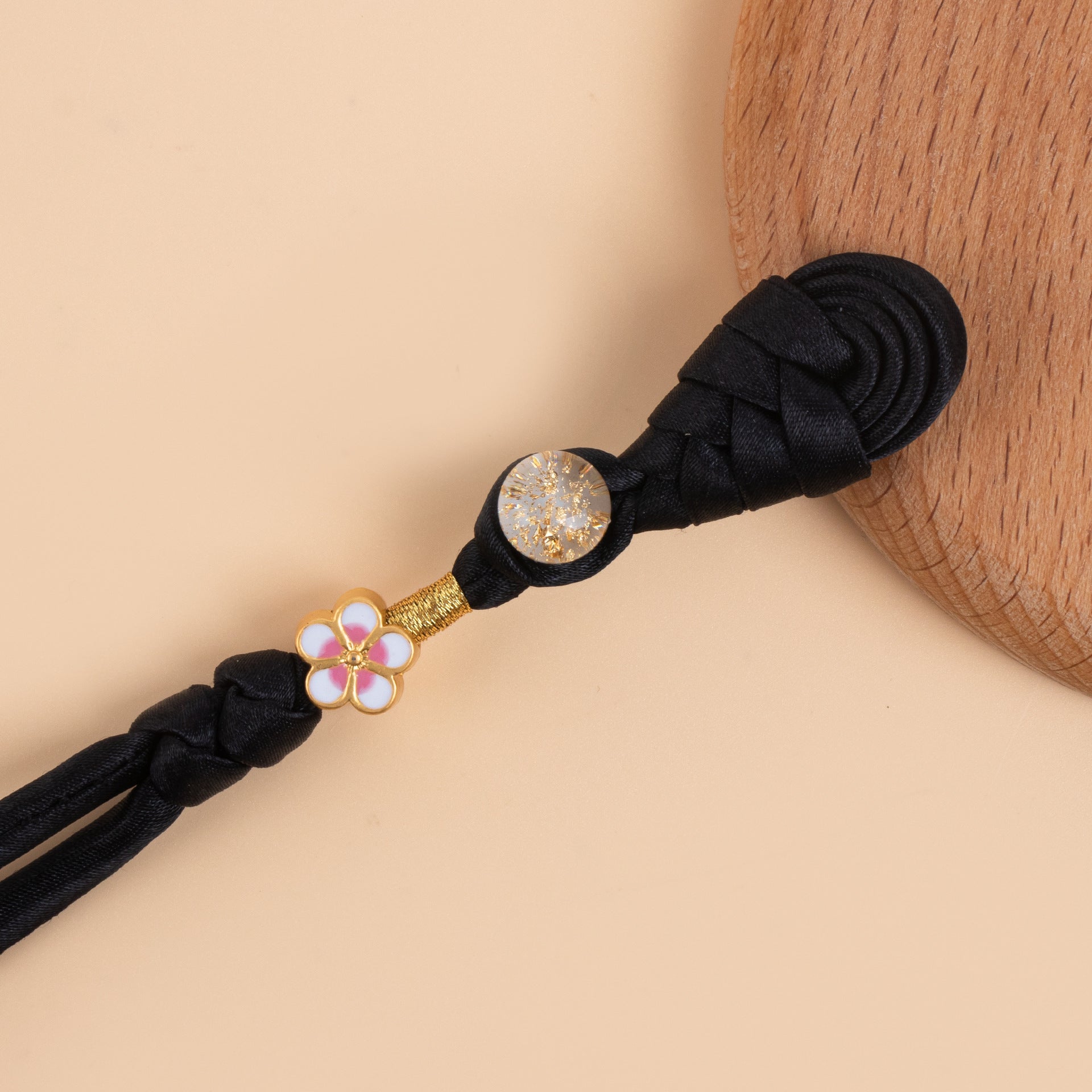 Black braided frog button set, round glitter discs and flower clasp accents