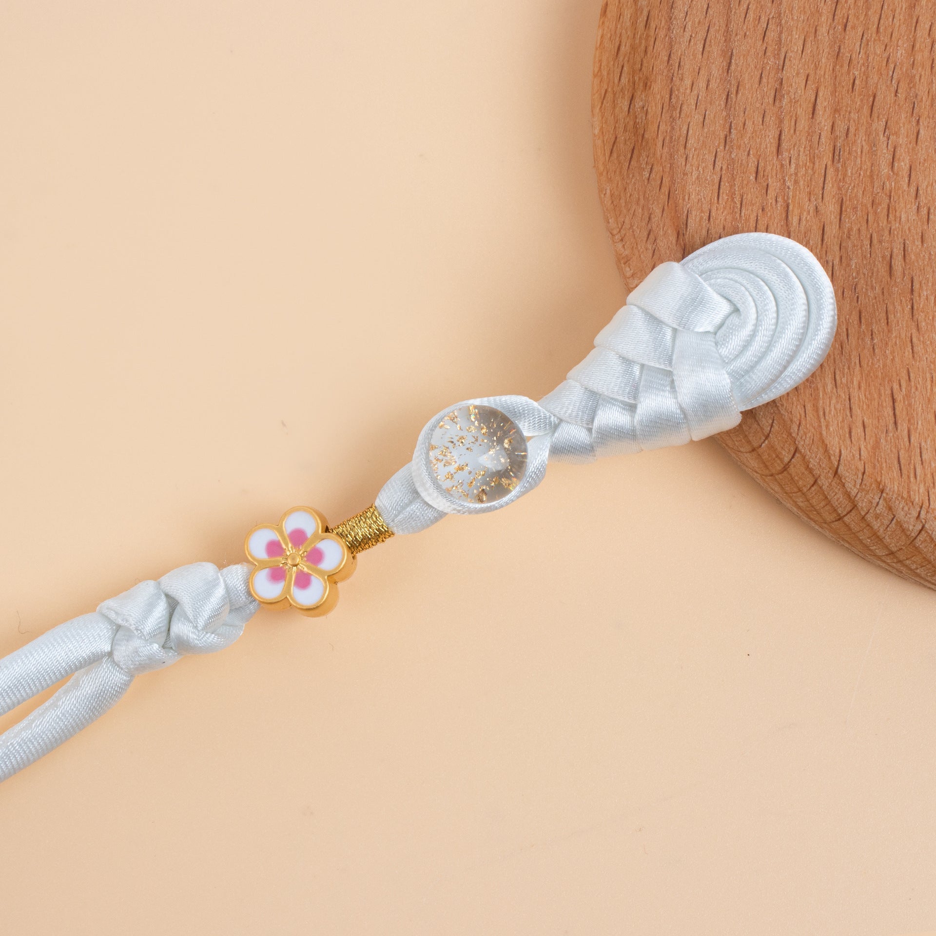 White braided frog button set, round glitter discs and pastel flower clasp