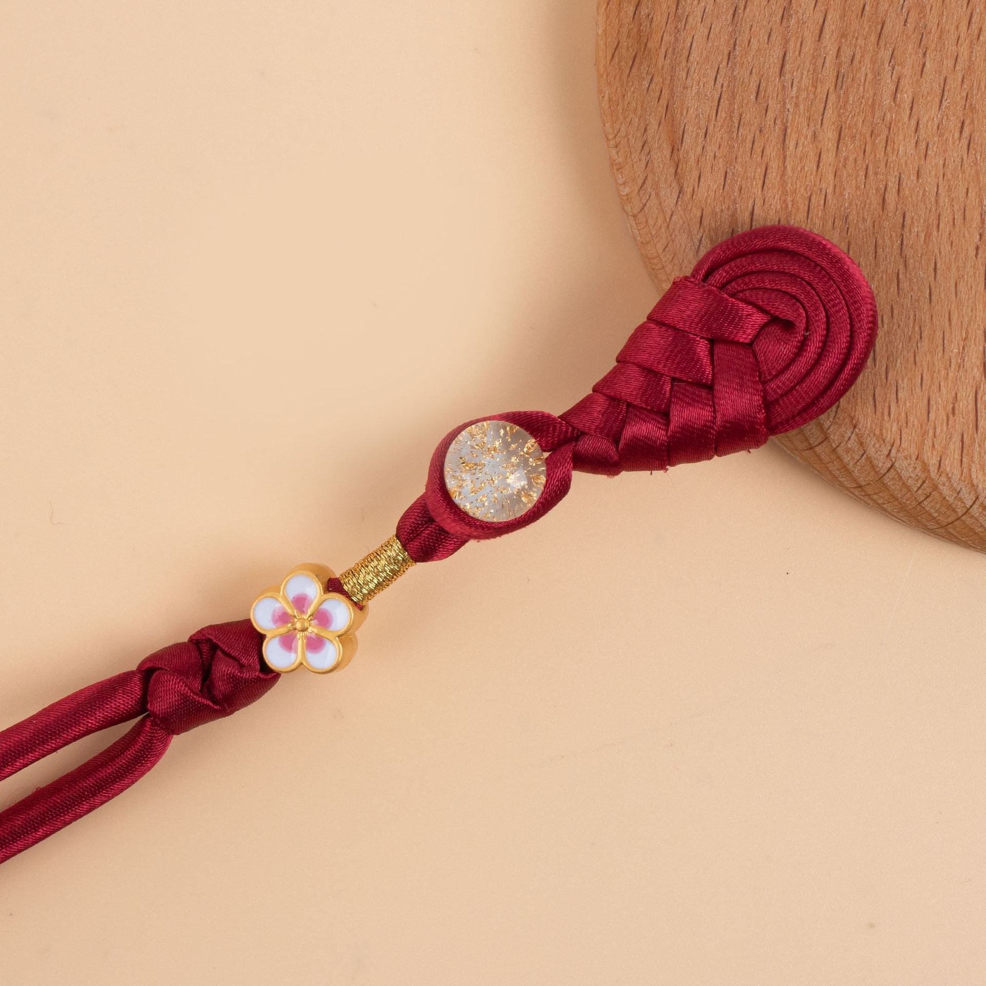 Wine red braided frog button set, round glitter discs and pink-lilac flower clasp