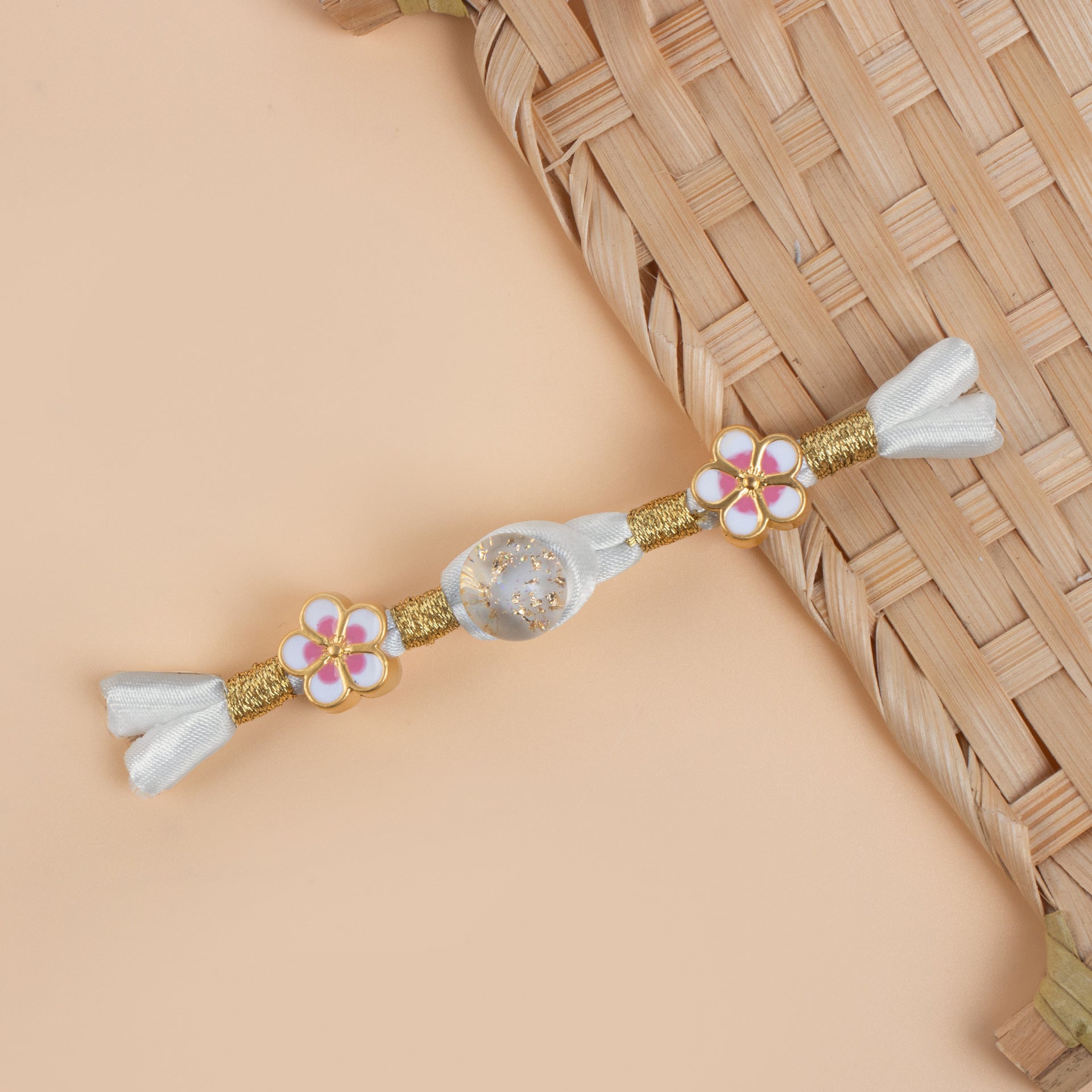 6 cheongsam frog buttons set: white satin tassel bows, gold braid, pink flower centers