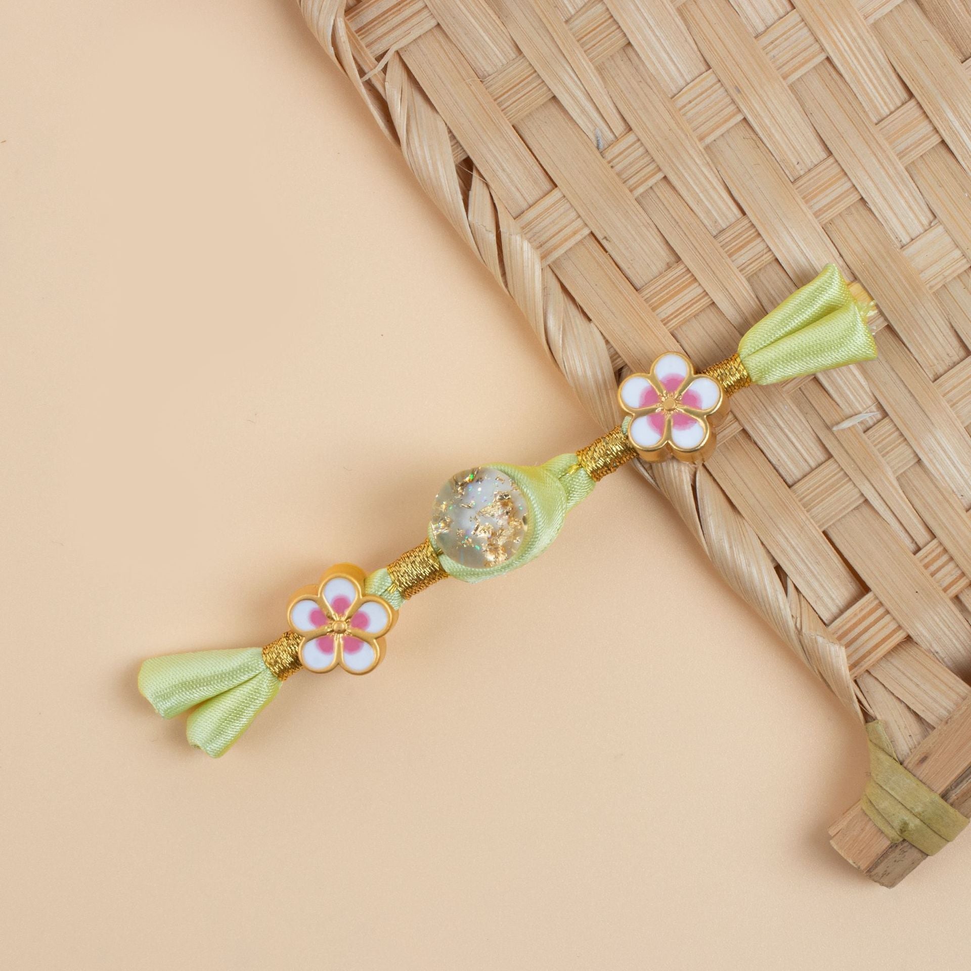 6 cheongsam frog buttons set: light green satin bows, gold braid, pink flower caps with beads