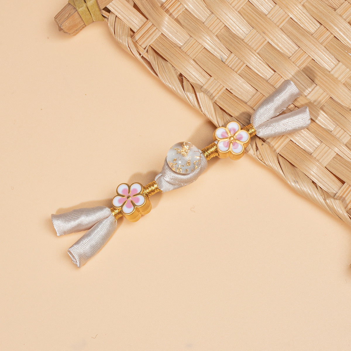 Cheongsam frog buttons: silver bows, gold flower beads, pink enamel, set of 6