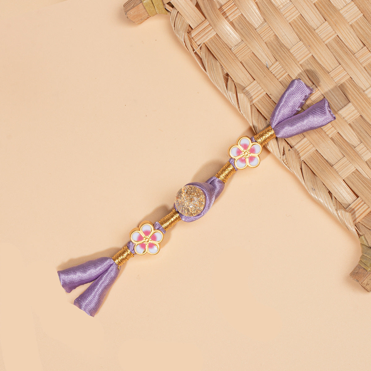 Cheongsam frog buttons: light-purple bows, gold flower beads, glitter oval centers, 6pcs