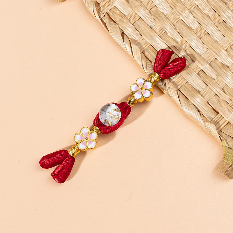 Cheongsam frog buttons: red bows, gold flower beads, white glitter oval, set of 6