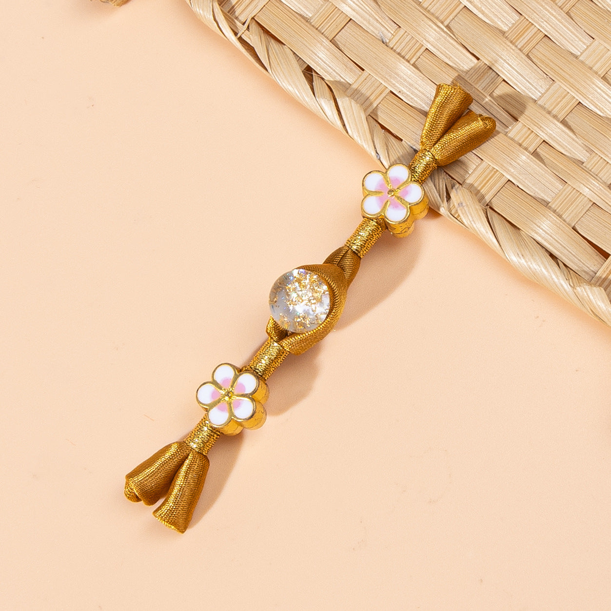 Cheongsam frog buttons: gold satin bows, gold flower beads, glitter oval center, 6pcs