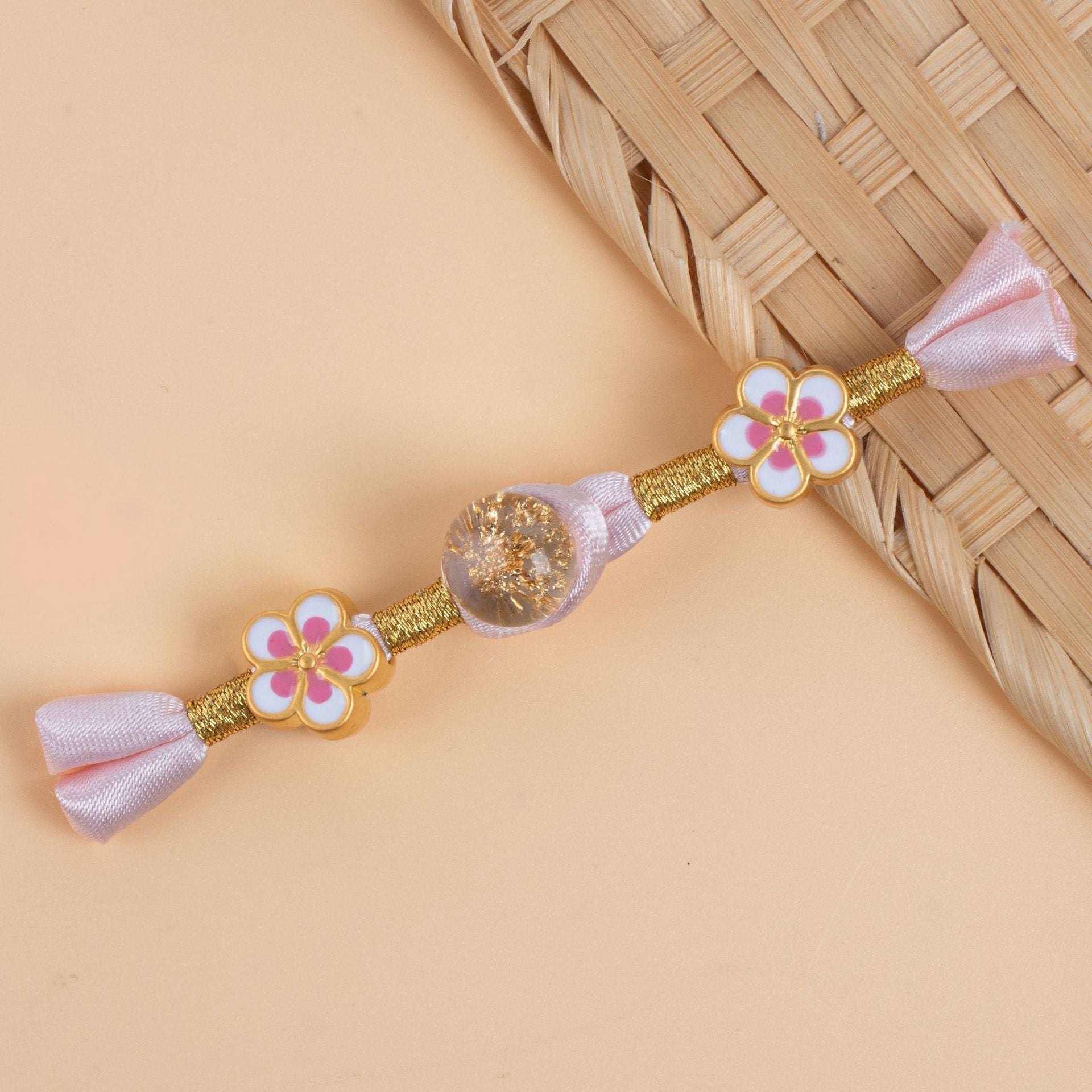 6 cheongsam frog buttons set: light pink satin bows, gold braid, pink flower emblems