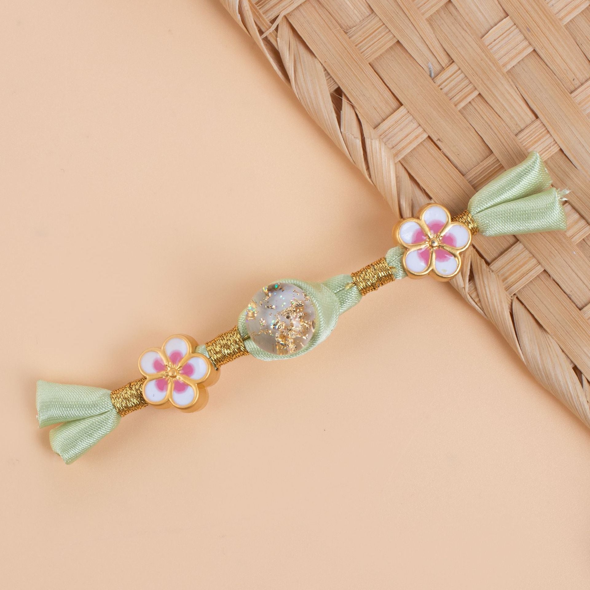 6 cheongsam frog buttons set: mint green satin bows, gold braid, pink flower medallions