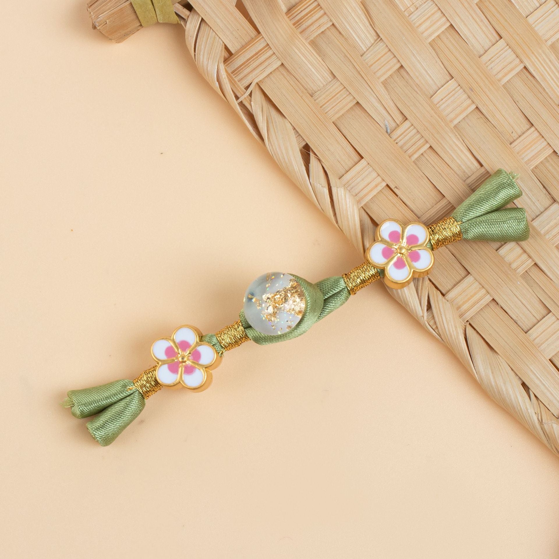 6 cheongsam frog buttons set: green satin bows, gold braid, pink flower caps with glass beads