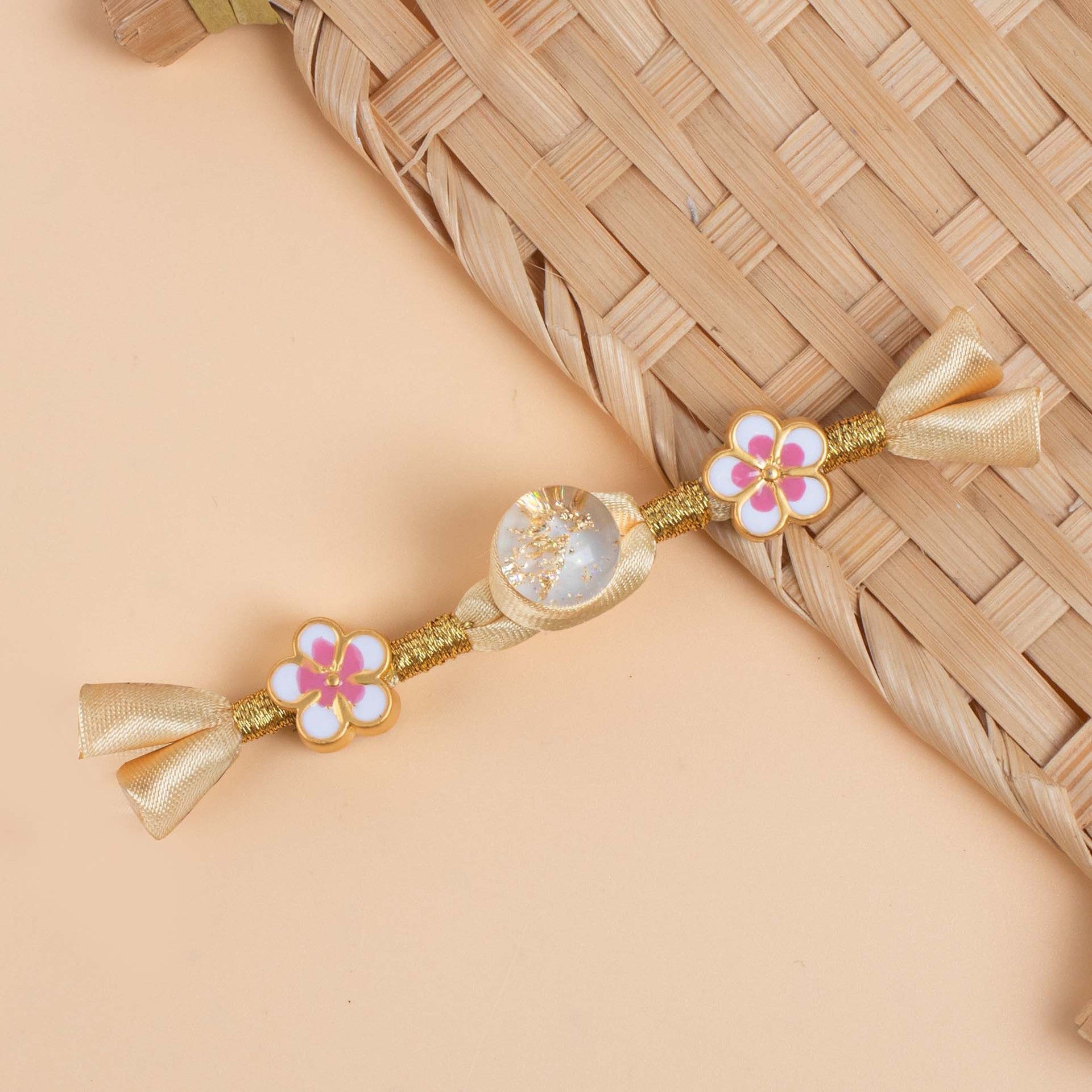 6 cheongsam frog buttons set: ivory satin bows, gold braid, pink flower details, clear bead