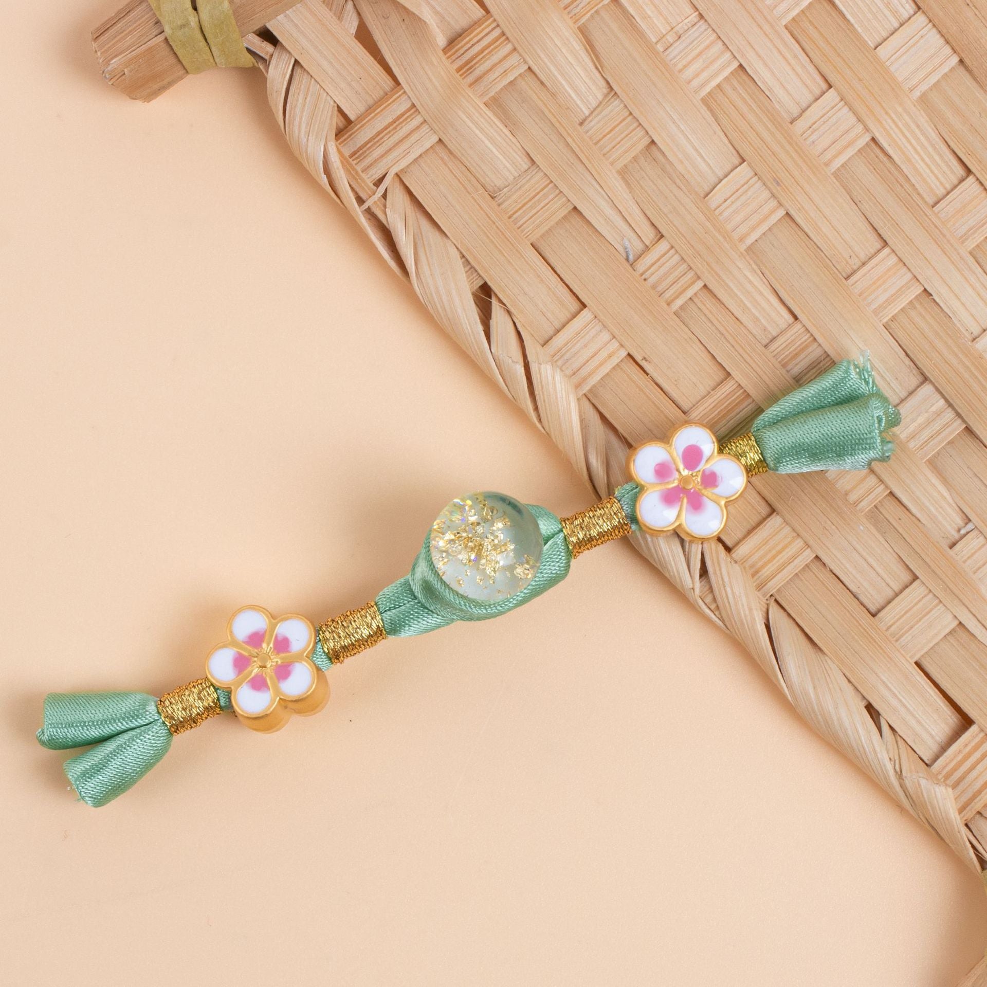 6 cheongsam frog buttons set: light teal green satin bows, gold braid, pink flower emblems