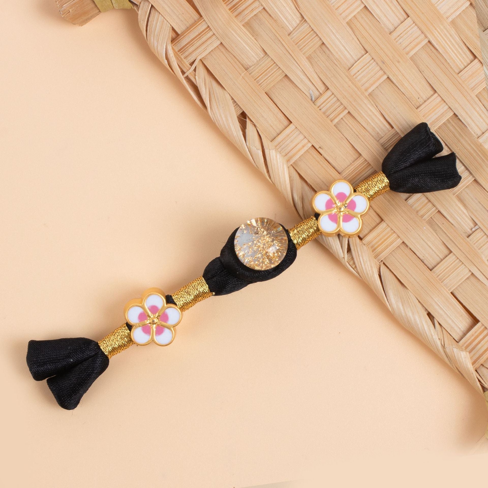 6 cheongsam frog buttons set: black satin bows, gold braid, pink flower medallions, spark beads