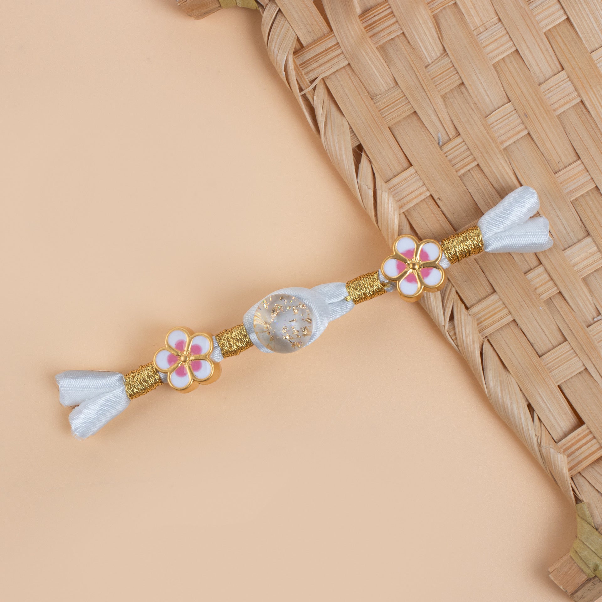 6 cheongsam frog buttons set: white satin bows, gold braid, pink flower centers, round bead
