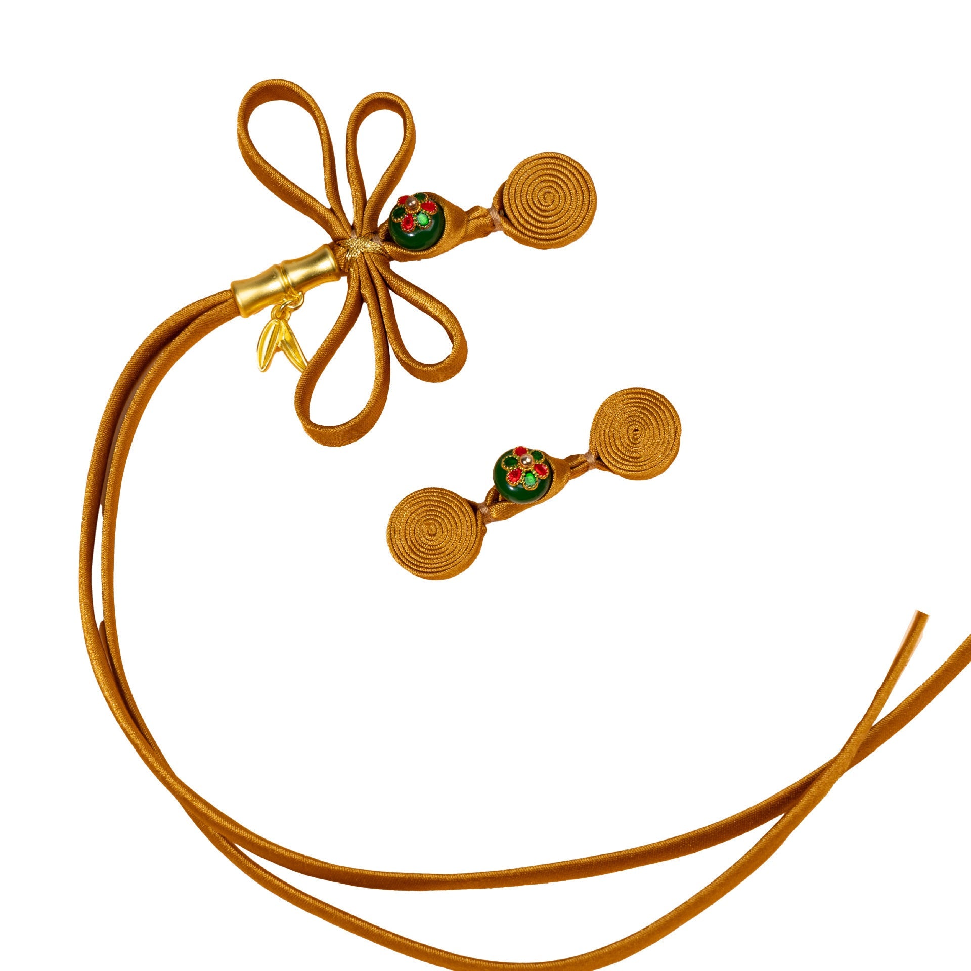 Handmade Chinese cloth buttons, antique gold cord with red/green enamel centers (5 pcs)
