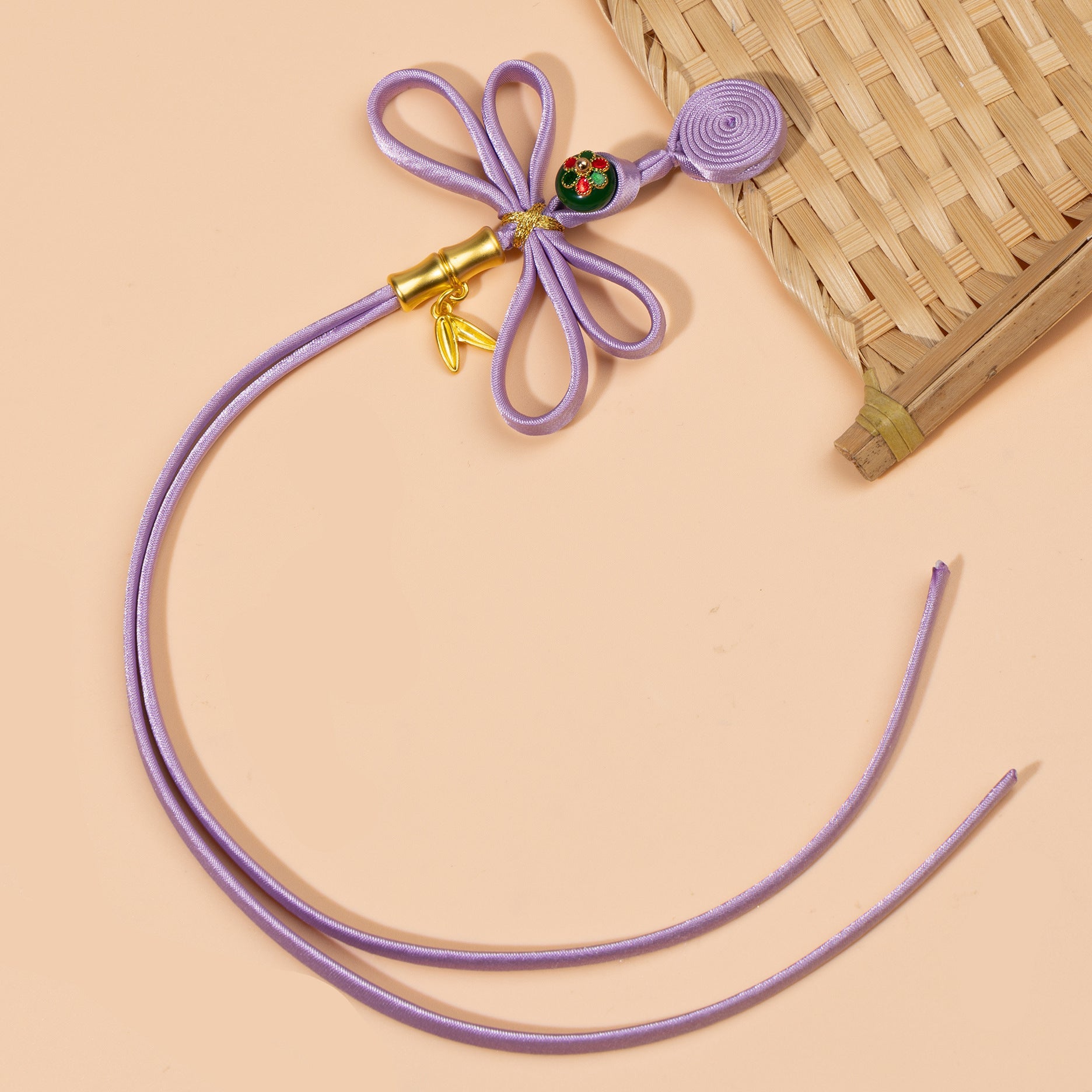 Handmade Chinese cloth buttons set, light purple cord with red/green enamel centers (5 pcs)