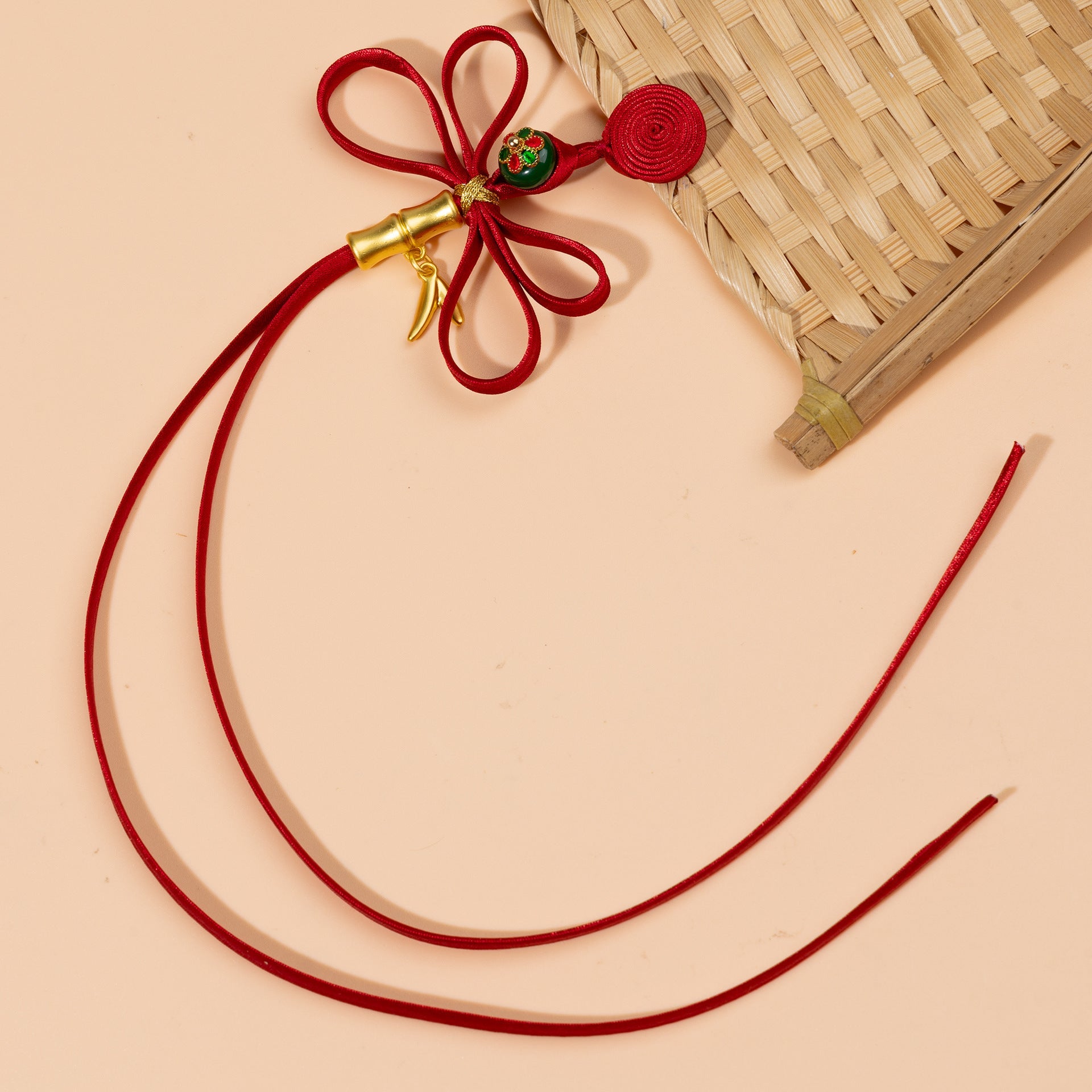 Handmade Chinese cloth buttons set, wine red cord with red/green enamel centers (5 pcs)