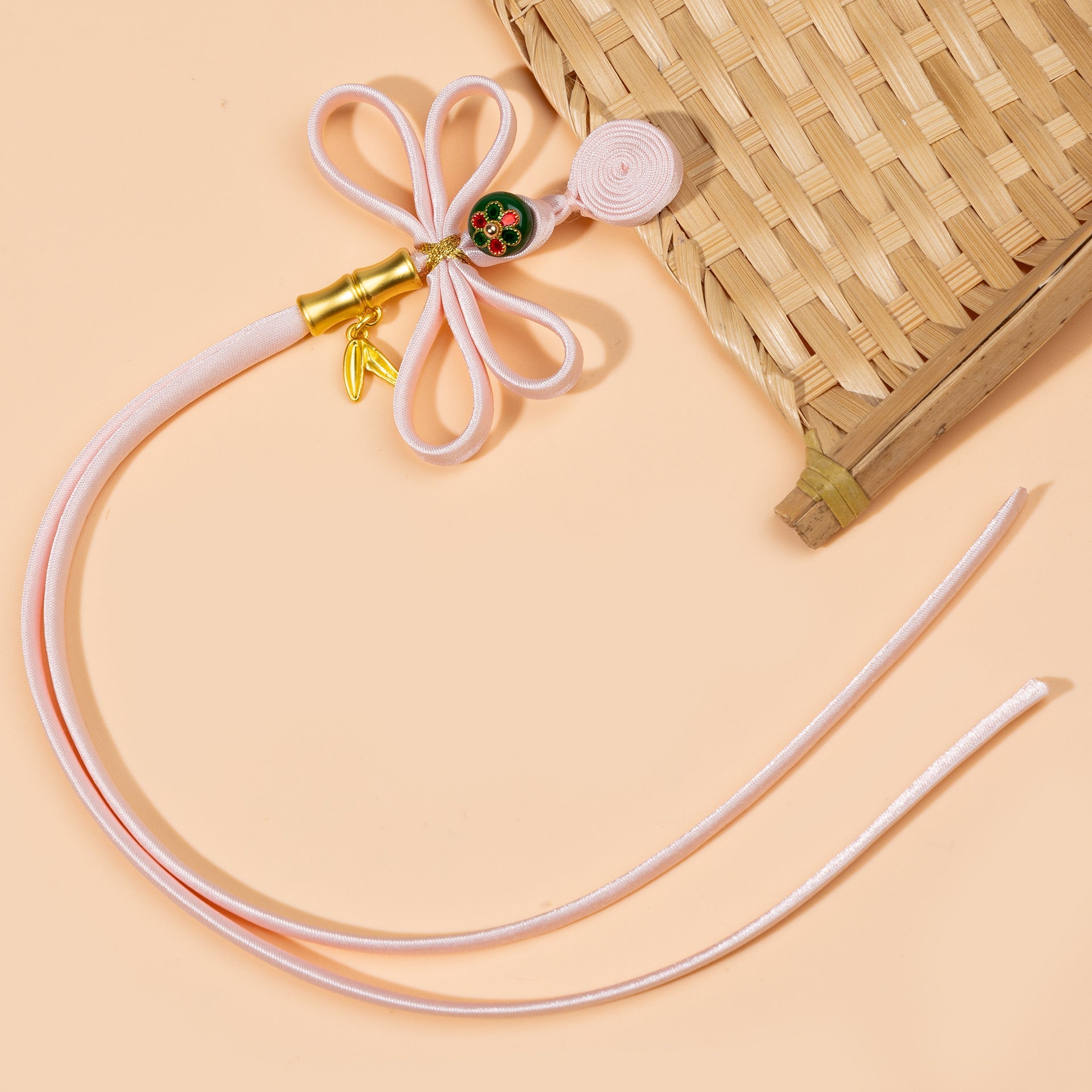 Handmade Chinese cloth buttons set, light pink cord with red/green enamel centers (5 pcs)