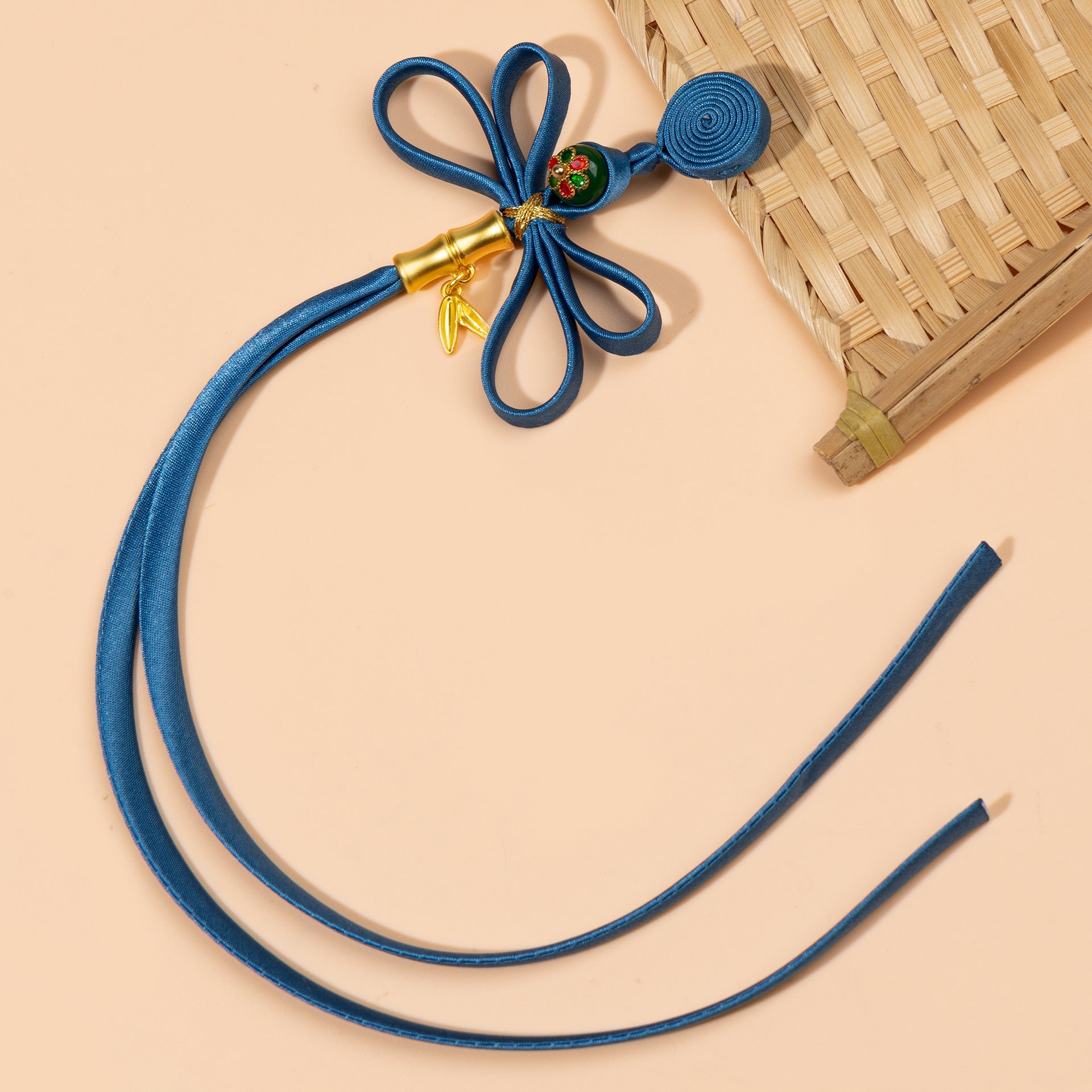 5pcs pankou Chinese button set, blue cord with swirl button and gold leaf charm