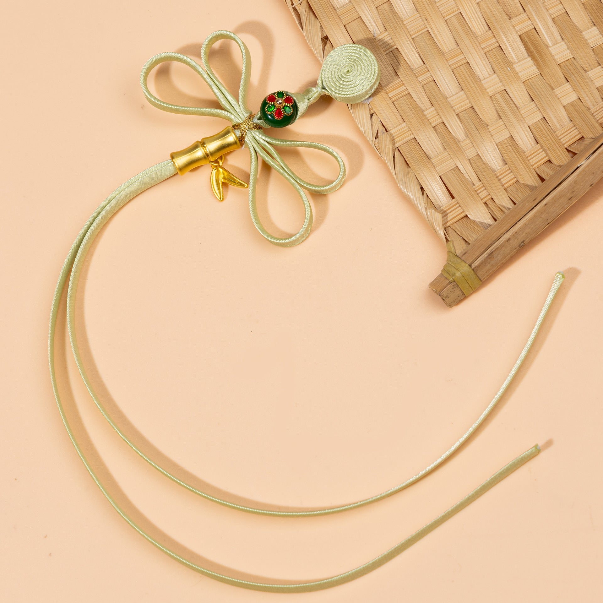 5pcs pankou Chinese button set, light green cord with spiral button and gold bell charm