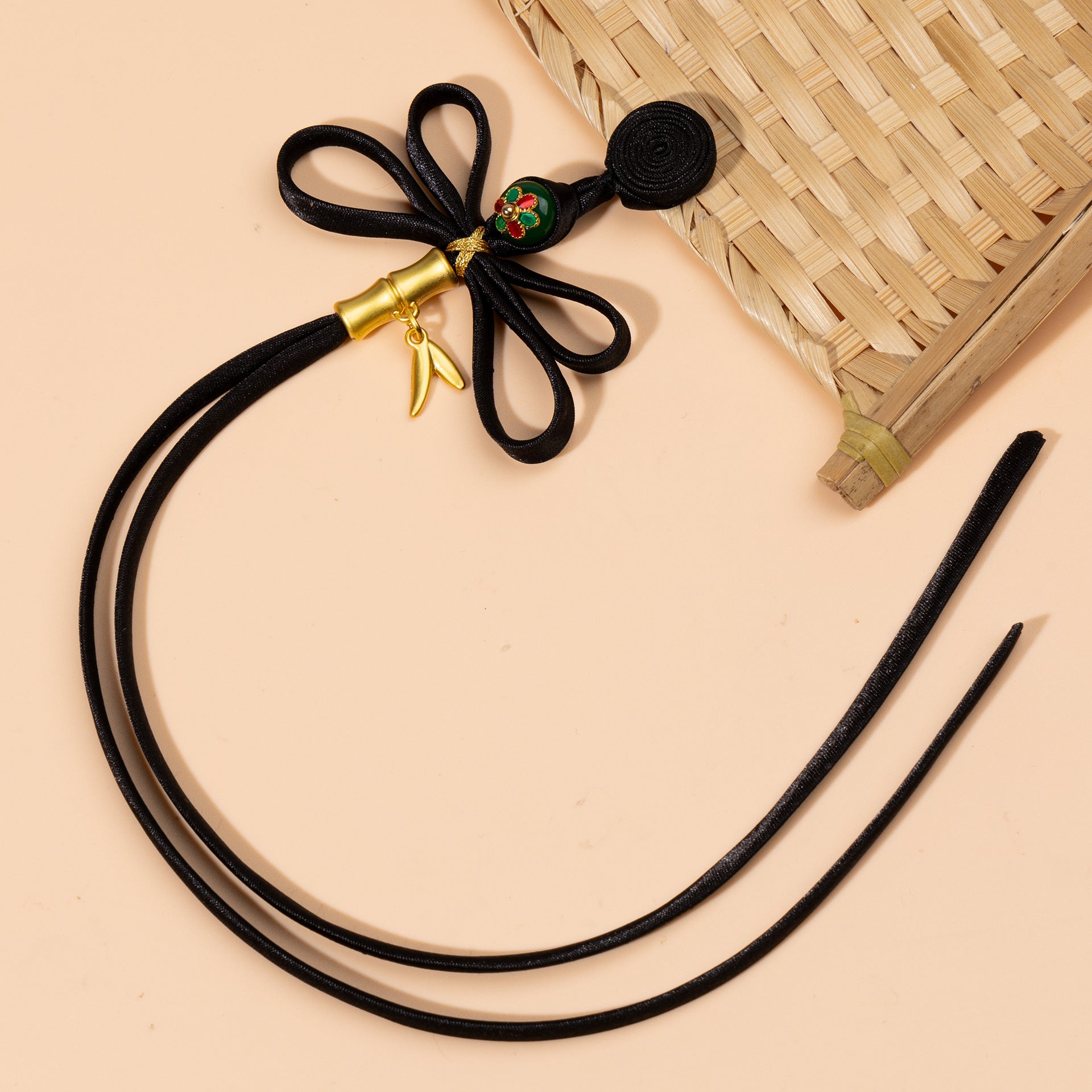 5pcs pankou Chinese button set, black cord with spiral button and gold bell charm