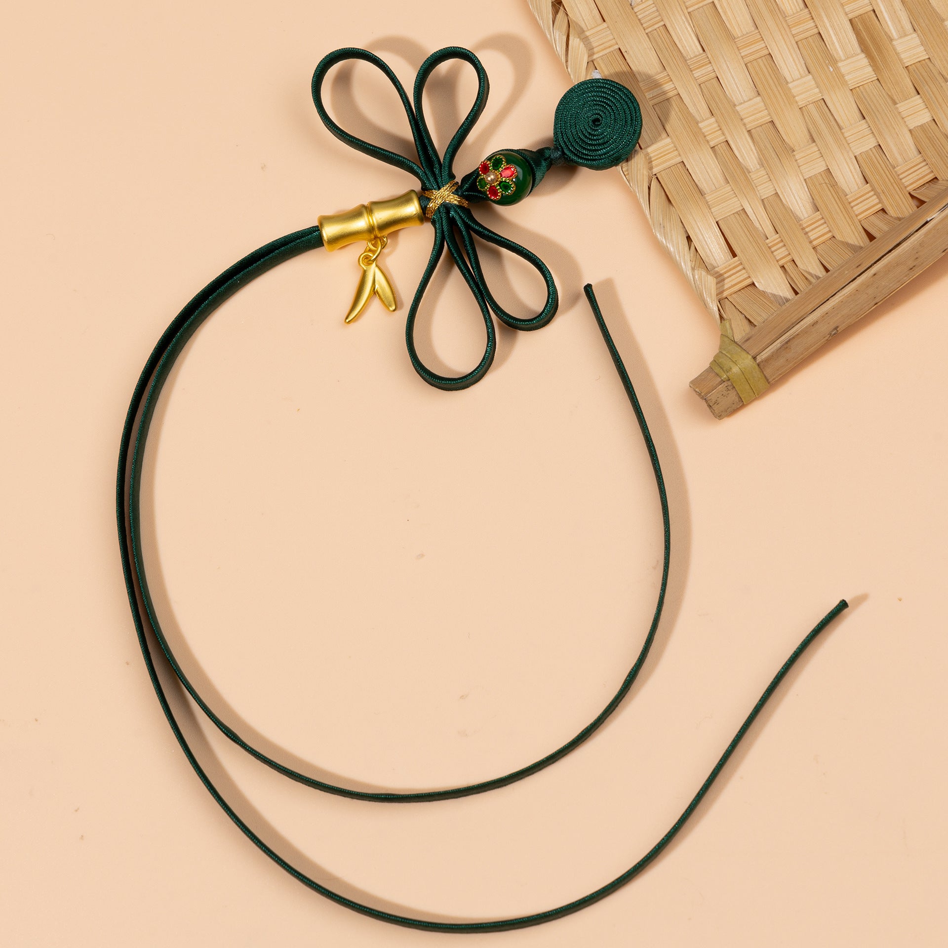 5pcs pankou Chinese button set, dark green cord with spiral button and gold bell charm