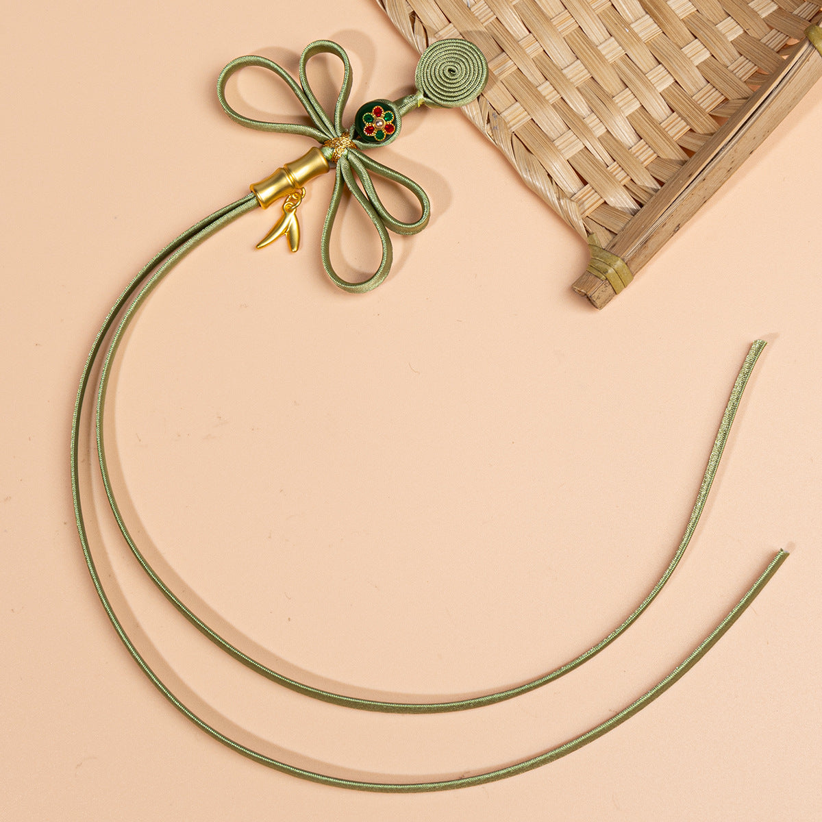 5pcs pankou Chinese button set, sage green cord with spiral button and gold bell charm