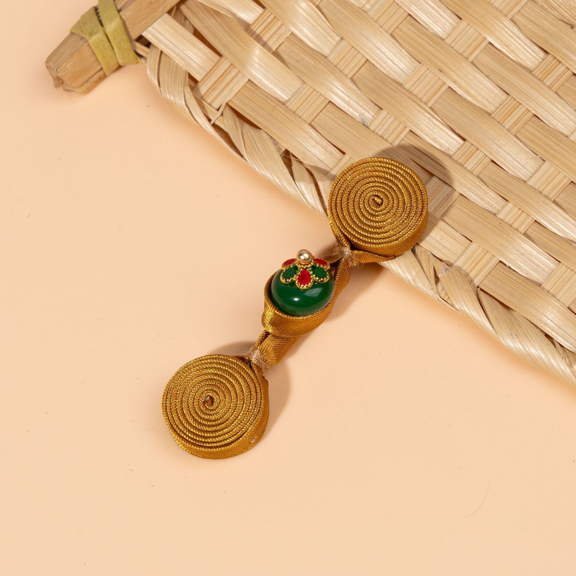 5pcs pankou Chinese button set, antique gold cords with spiral buttons and green accents