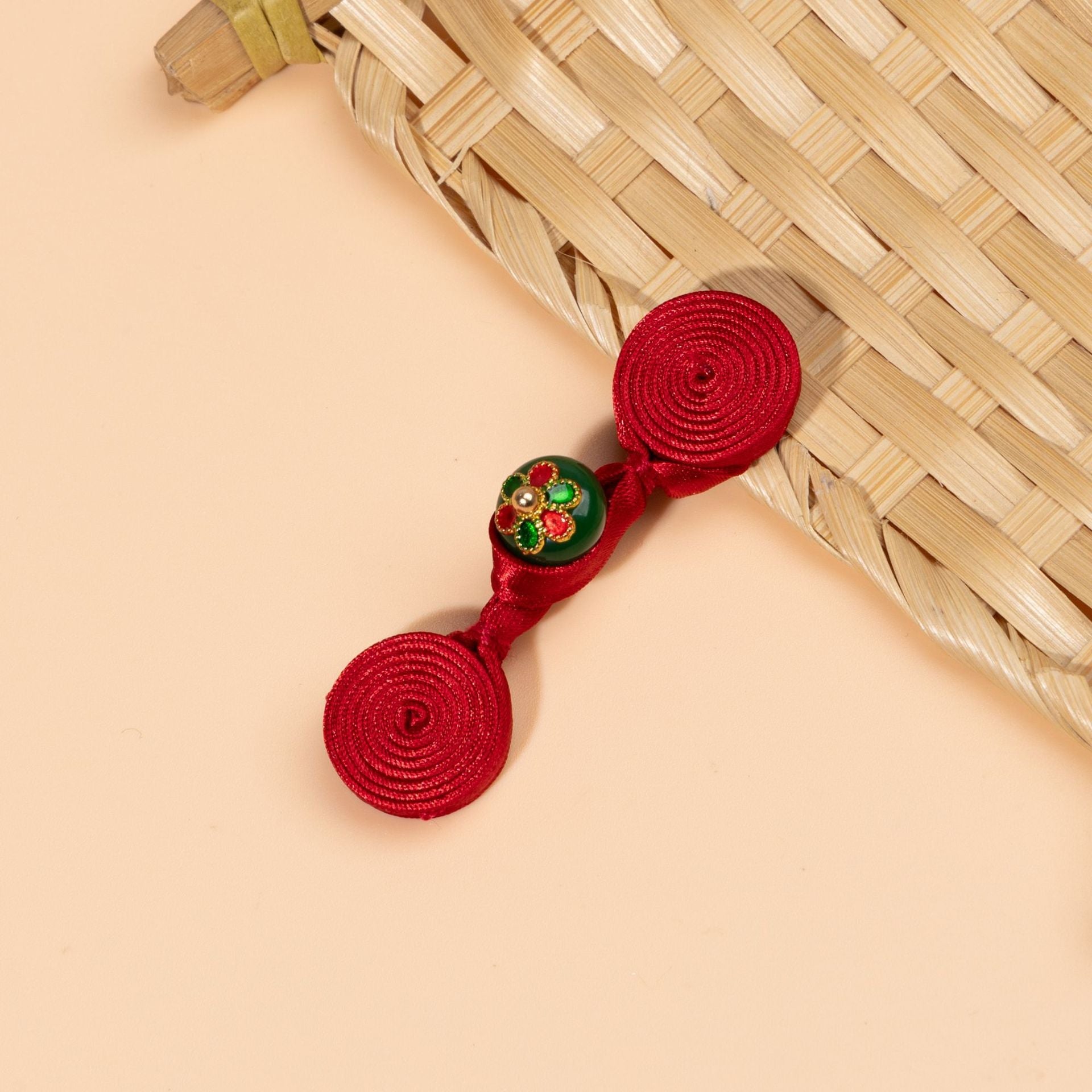 5-pack Chinese knot buttons, antique gold style, red cord with green floral center discs