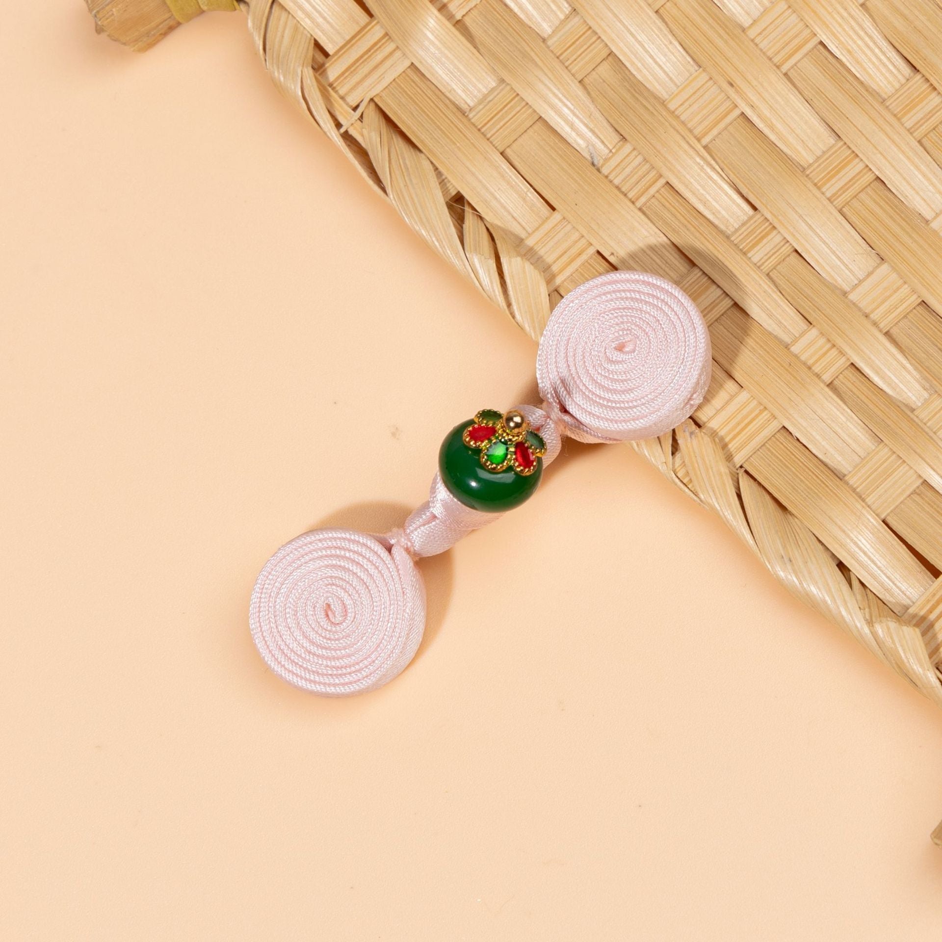 5-pack Chinese knot buttons, light pink cord with green floral center and spiral round discs