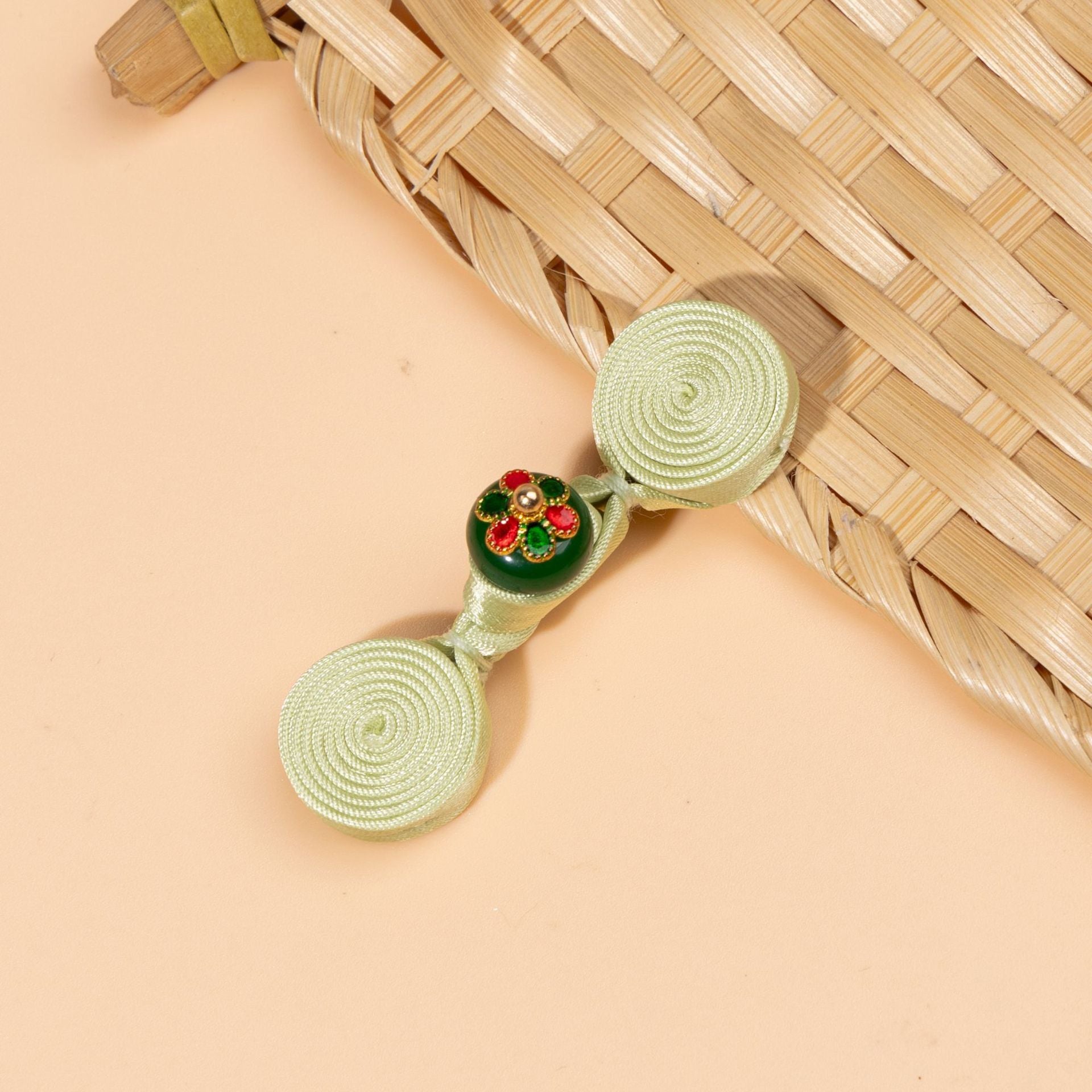 5-pack Chinese knot buttons, pale mint green cord with green floral center spiral round discs