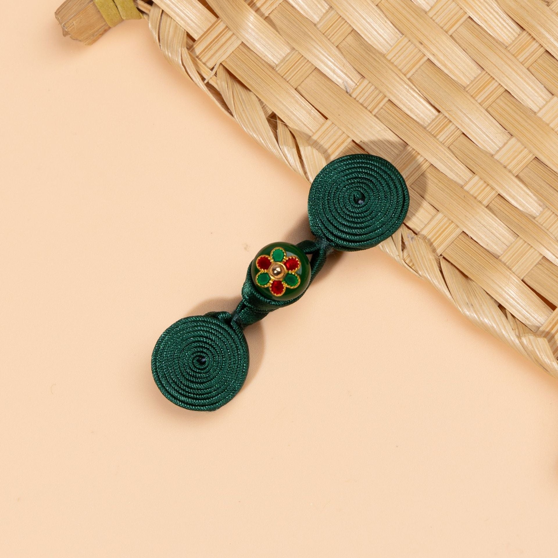 5-pack Chinese knot buttons, dark green cord with green floral center and spiral round discs