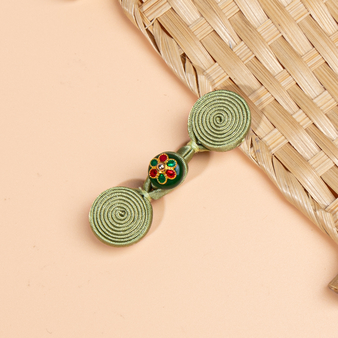 5-pack Chinese knot buttons, olive green cord with green floral center and spiral round discs
