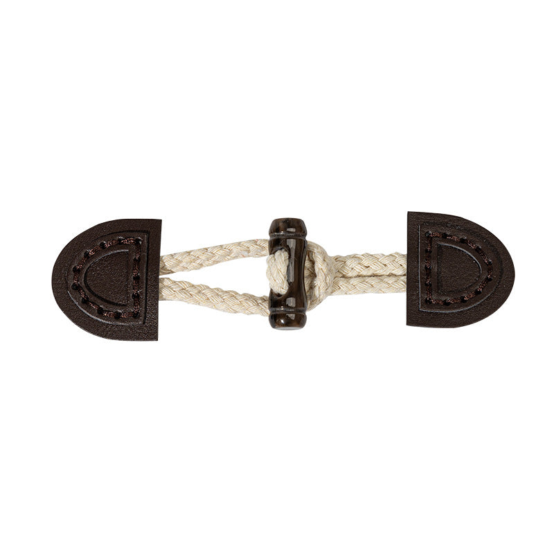 14.5cm dark coffee leather sew-on toggle with beige braided cord and dark ring