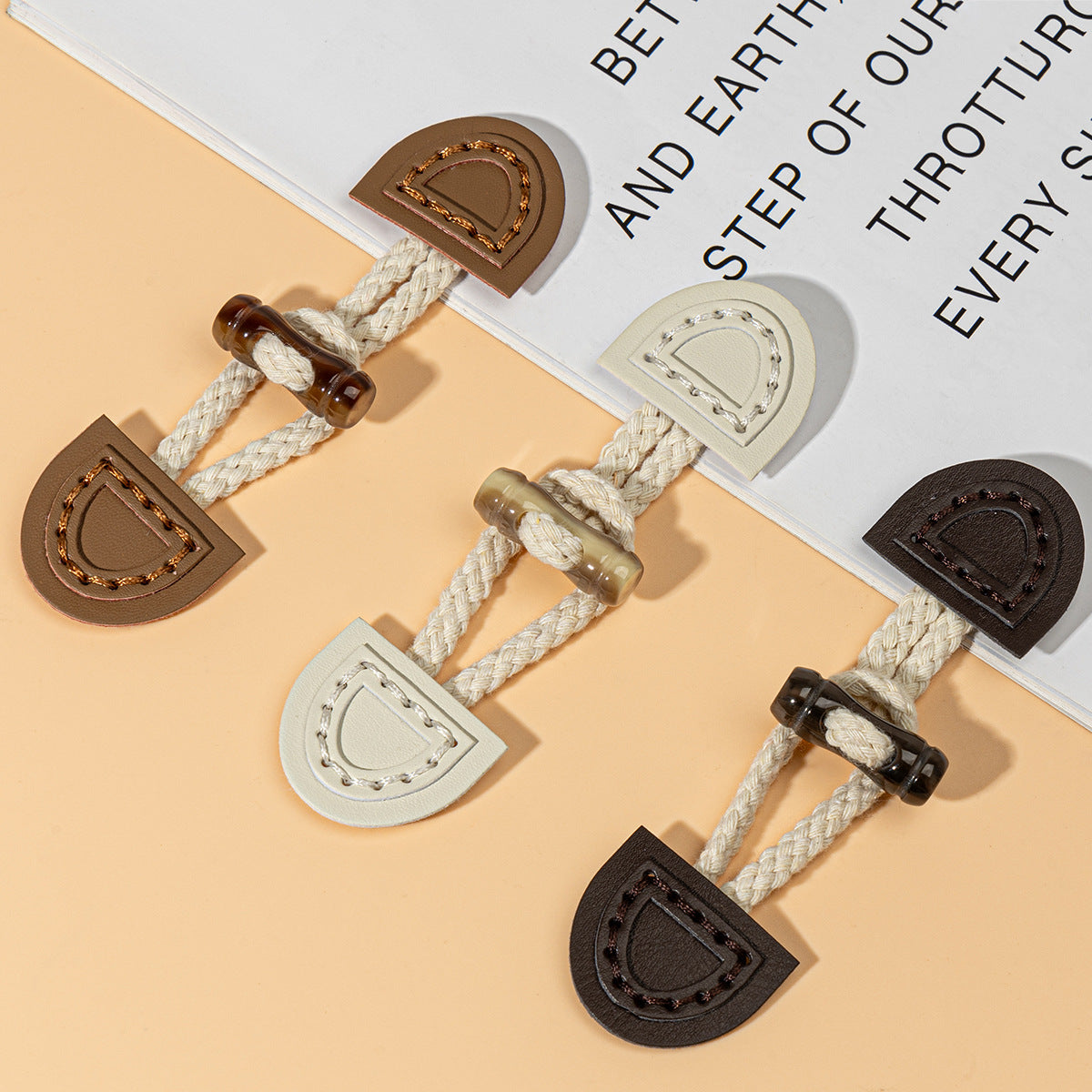 Beige, brown, and dark coffee leather sew-on toggles set of 8 with braided cords