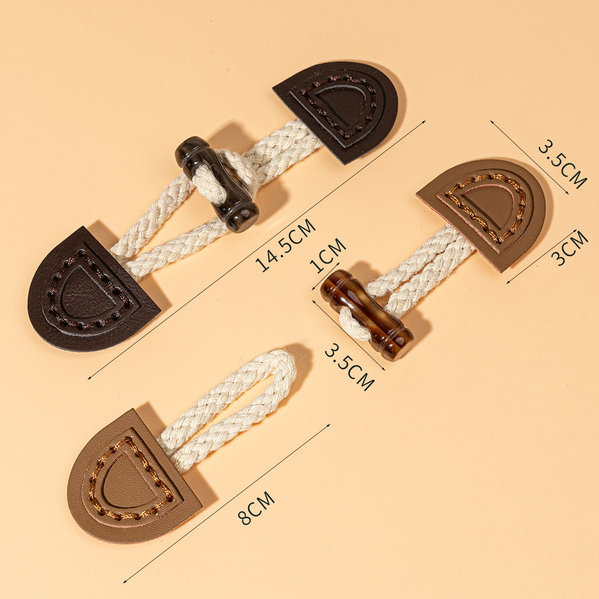 14.5cm leather sew-on toggles, beige/brown/dark coffee, with size markings for 8pcs