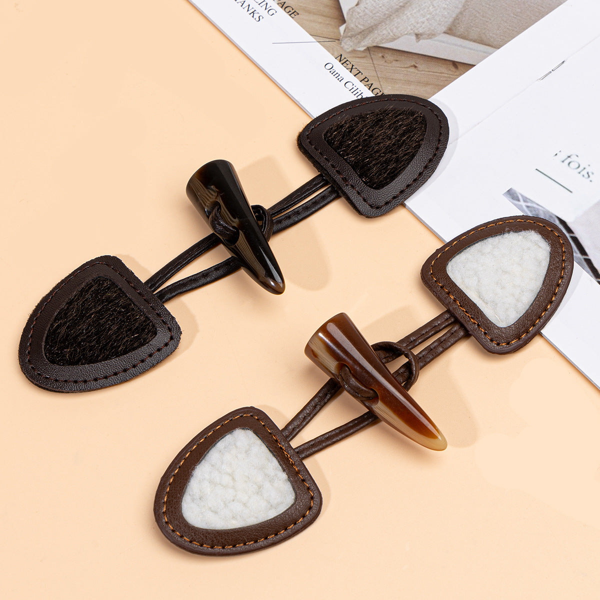 6-pack sew-on leather toggles with resin horn buttons, dark coffee brown tone