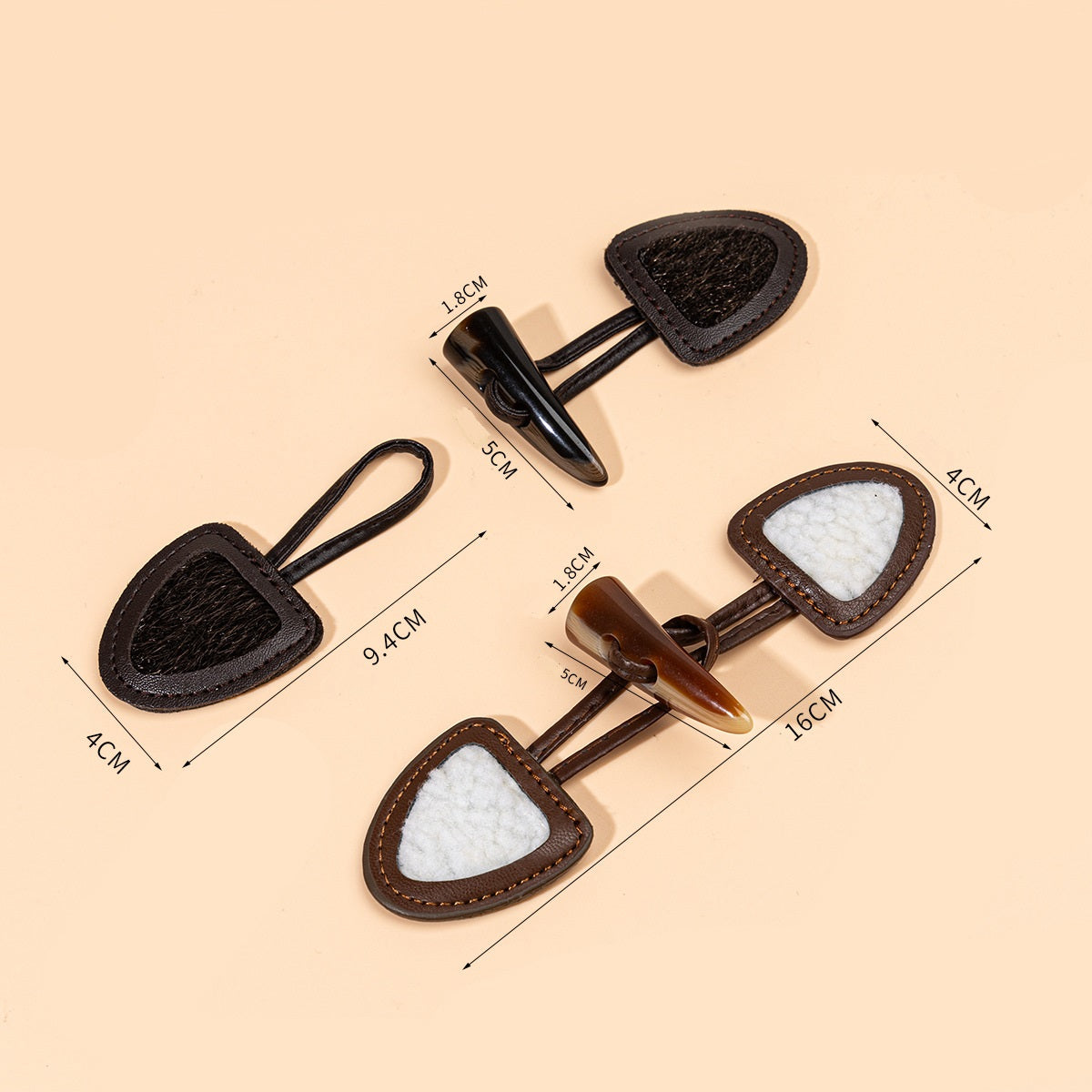 Sew-on toggle set of 6 with resin horn buttons, brown leather, 16cm length