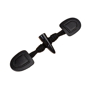 Black leather sew-on buttons with resin horn top and dark cord loop ends