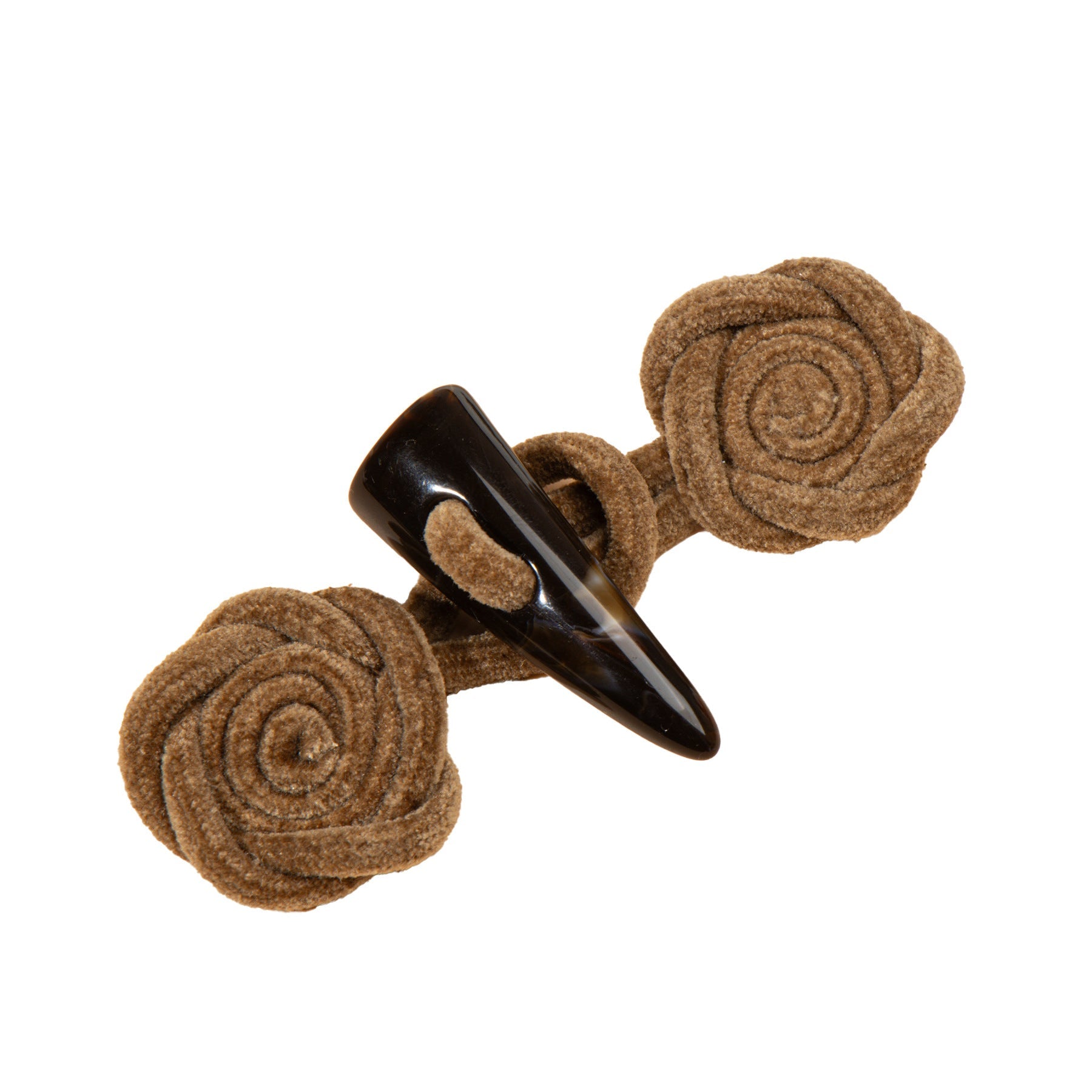 11cm corduroy rose sew-on toggle buttons, brown fabric with black resin horn tips (4 pcs)