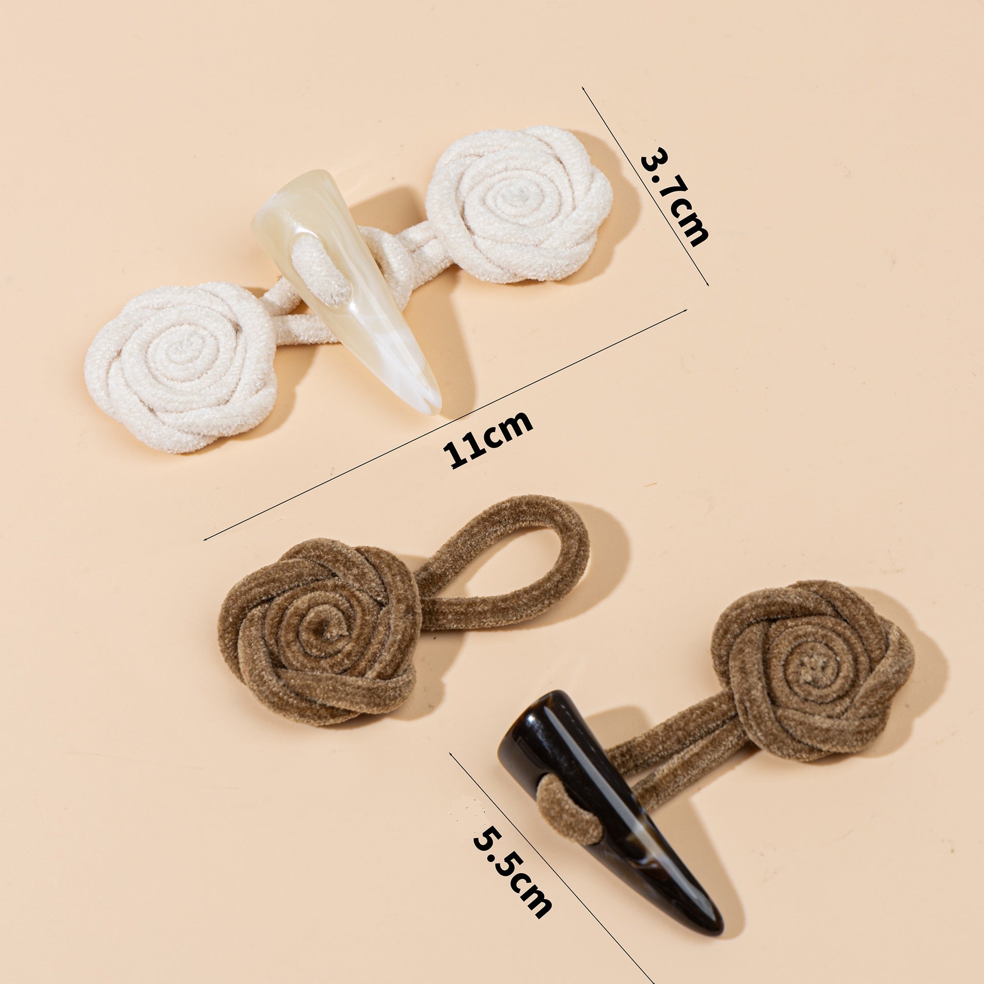 11cm corduroy rose sew-on toggle buttons: white & brown with clear/resin horn tips (4 pcs)
