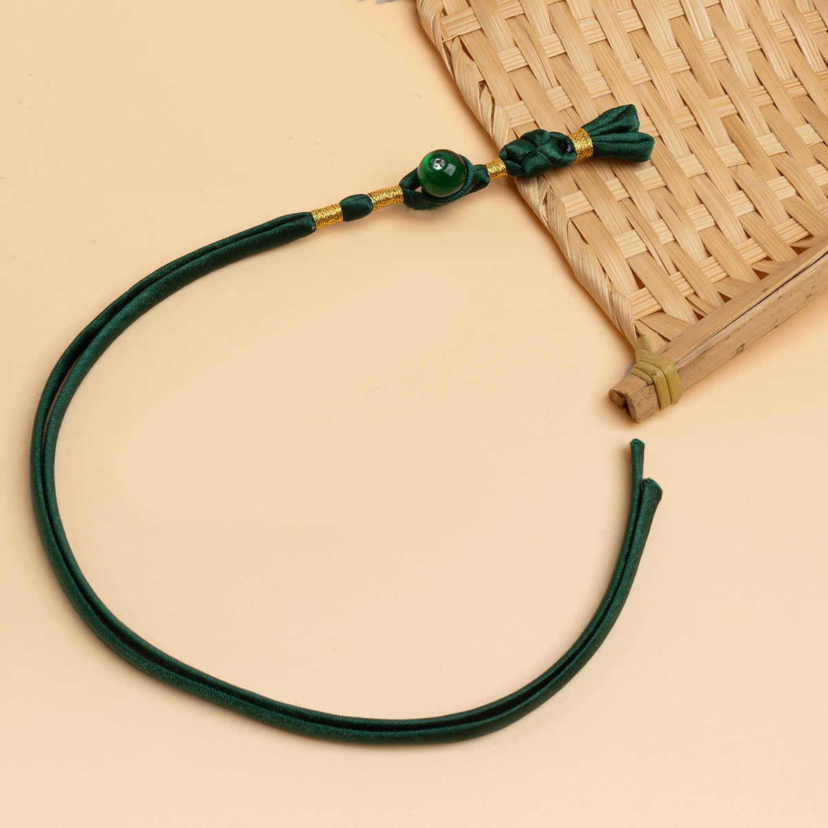 Cheongsam pankou braided button cord, dark-green with round rhinestone button